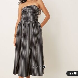 Midi Navy and White Striped Strapless Dress